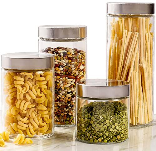 4pc Canister Sets for Kitchen Counter or Bathroom + Labels & Marker, Glass Cookie Jars with Airtight Lids - Food Storage Containers with Lids Airtight for Pantry - Flour, Sugar, Coffee, Cookies, etc.