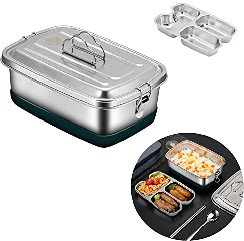 LANTING Lunch Box,Bento Box in Acciaio Inossidabile,2000ml Scatole Lunch Box in Metallo con Divisori,con 3 Scomparto Sigillato,Contenitore per il Pranzo per Adulti, per Scuola, Picnic, Viaggi.