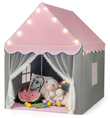 COSTWAY Carpa para Niños con Colchoneta Lavable, Luces de Estrella, Ventanas, Cremalleras Inferiores, Carpa Castillo de Hadas, Casa de Juegos, Tienda Infantil de Campaña para Niños y Niñas (Rosa)