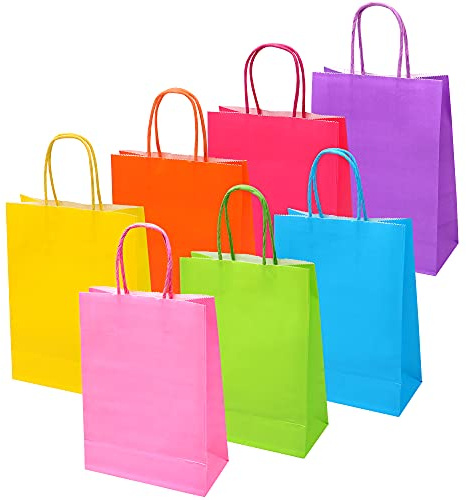 MAMUNU Geschenktüten Papier mit Henkel, 28 Stück Geschenktüten - 7 Farben, Kraftpapiertüten für Frauen Mädchen Kinder, Bunte papiertüten für Weihnachten Geburtstag, Valentinstag, 15,8 x 8 x21,9 cm