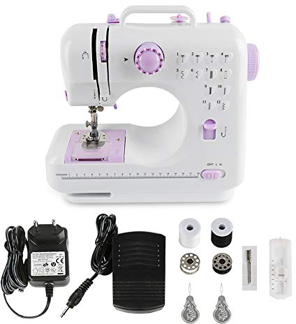 Nähmaschine für Kinder & Anfänger, 12 Stichmuster, Mini Nähmaschine mit Fußpedal, Strom und Batteriebetrieb, Zuhause und unterwegs ideal, LED Licht, Vor- & Rückwärtsautomatik (505 (weiß))