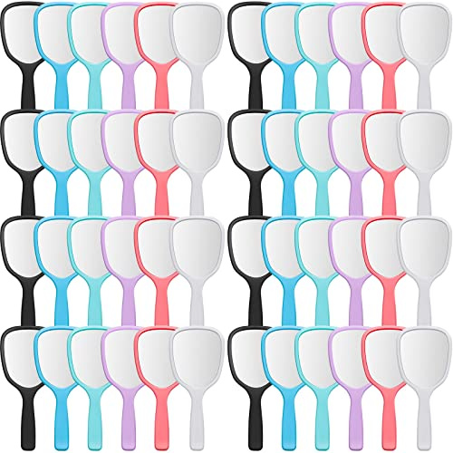 Vinsot 50 Pcs Handheld Mirror Bulk Small Hand Mirrors with Handle Plastic Portable Daily Makeup Tools for Home Travel Camping Daily, 3.15 Inch Wide, 7.09 Inch Long (6 Colors)