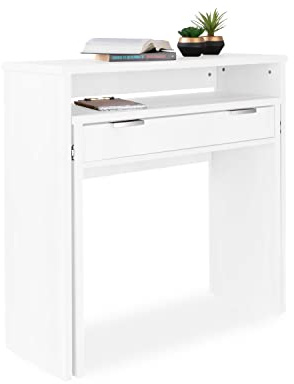 duehome | Mesa Escritorio Extensible, Consola Extensible, Mesa Estudio, Modelo Aput, Acabado en Blanco, Medidas: 90 cm (Largo) x 33-63,4 cm (Ancho) x 87,5 cm (Alto)