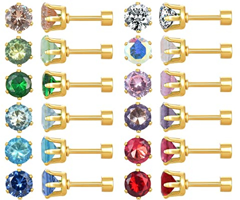 12 Pairs Surgical Stainless Steel Flat Screw Back Stud Earrings Cubic Zirconia CZ Brithstone Stud Earrings Set