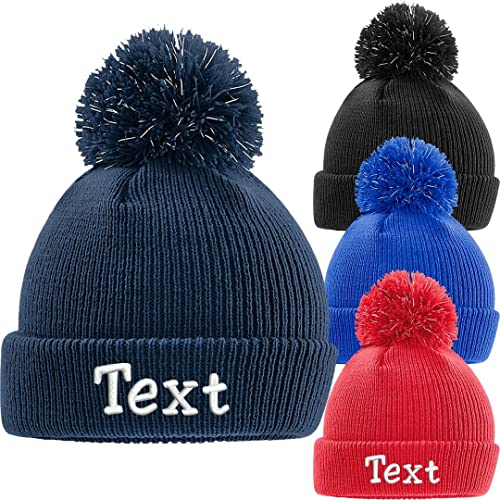 Nashville print factory Junior Reflective Bobble Beanie Bestickt mit Name/Wunschtext (French Navy)