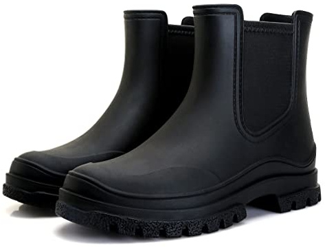 Hsttgsr Women's Rain Boots, Comfortable Elastic Adult Ankle Booties, Fashion Mid Heel Chelsea Boots, Waterproof Non-Slip Chunky Platform Lug Sole Short Garden Boots