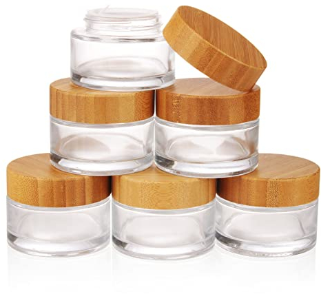COSIDEA 6 barattoli vuoti in vetro trasparente da 50 g, con coperchi in bambù, riutilizzabili, contenitori da viaggio per cosmetici, burrocacao, unguenti, lozioni