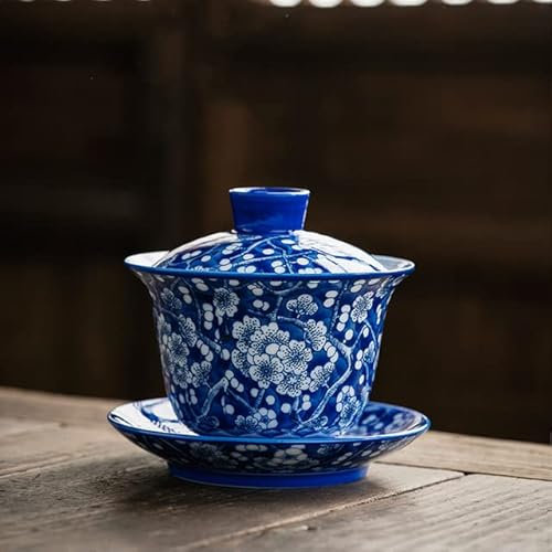 Gaiwan grande de ciruela azul y blanco de 185ml para té, sopera de cerámica, taza de té, cuencos de té chinos, juego de cerámica de té Chawan Vintage