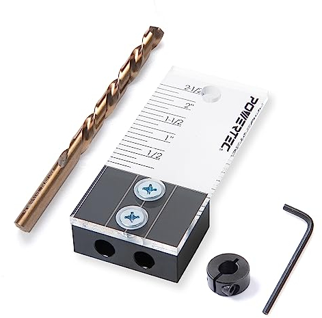 POWERTEC 71716 Dowel Drilling Jig with Laser Cut Witness Mark, Included Depth Scale, Cobalt M-35 Drill Bit and Split Ring Stop Collar, 3/8-Inch