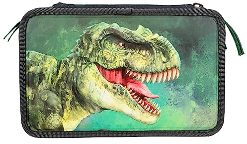 Depesche 12475 Dino World - Gefüllte 3-Fach Federtasche im Dinosaurier-Design mit 3D-Effekt, Federmäppchen mit Buntstiften, Lineal, Schere uvm., Blau