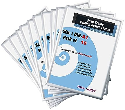 TUKA-i-AKUT 10er A1 Klapprahmen aus Aluminium 25 mm Profil, Plakatrahmen Wechselrahmen Poster Rahmen Schnapprahmen Aufklappbar mit Schutzscheibe Befestigungsmaterial, Silber Farbe, TKD8420-A1-10X