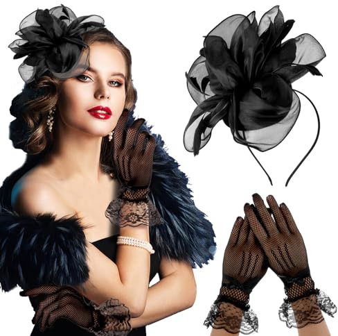 Sibba Chapeau Fête Thé Avec Gants en Dentelle Chapeaux Bibi Vintage Années 1920 Couvre-Chef Fleur Cocktail Femmes Filles Rubans Mariage Noirs Pince Cheveux Plumes Boîte Pilules Chapeau éGlise Banquet