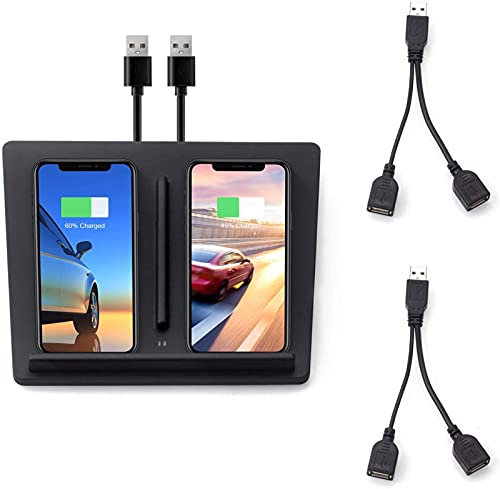 Car Wireless Charger for Tesla Model 3 2017-2020, Dual Phone Charging Pad 10W Dual QI Fast Smart Induction Mobile Phone Wireless Charging Pad with USB Splitter For 11 XS XR X S20 S10 S