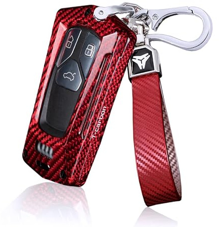 HIBEYO Real Carbon Fiber Compatible with Audi Car Key Cover Fit for Audi A4 Q7 Q5 TT A3 A6 S5 B9 FV Keyless Entry Remote Keychian Holder Full Protection Key Shell Case 3 buttons-red