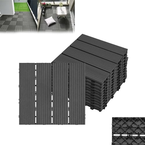 CEEDIR 1m² - 30x30cm WPC Fliesen Terrassenfliesen Balkonfliesen Klickfliesen in Holzoptik regenfest mit Drainage, Klicksystem Bodenbelag für Terrasse Balkon 11 Stück, Modell A, Anthrazit