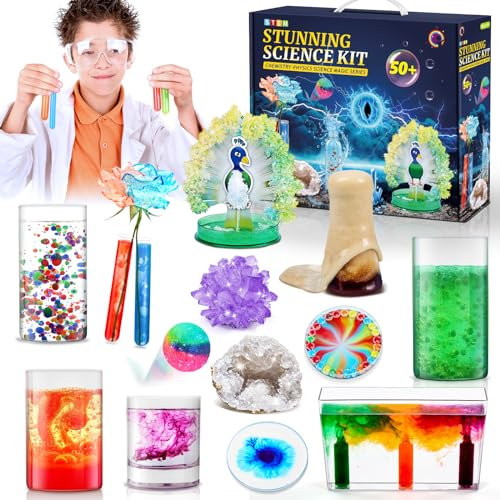 Mystooy 50 Experimente für Kinder ab 6-8-10-12, Wissenschaft Experimente Kit STEM Spielzeug, Kristalle Züchten, Hüpfball, Geoden, Heissluftballon, Experimentierkasten, Geschenke für Jungen Mädchen