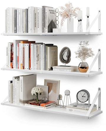 CASSA ZENO Wall Mounted Floating Book Shelves for Wall Set of 3, 80cm x 20cm Shelf Bookshelf for Bedroom Living Room Office Bathroom Kitchen Rustic Wood with Metal Bracket (White)