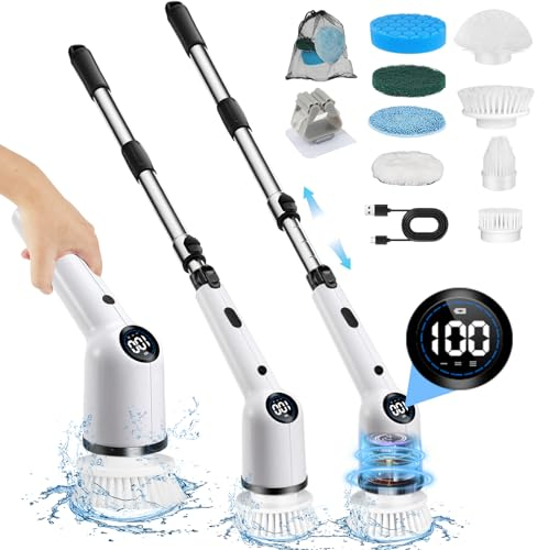 Electric Spin Scrubber,Upgraded 3 Speed Electric Cleaning Brush With 8 Replacement Brush Heads,Adjustable Handle,LED Screen Display,Power Cleaning Brush for Bathroom,Kitchen,Car,Tile,Wall,Floor,Tub