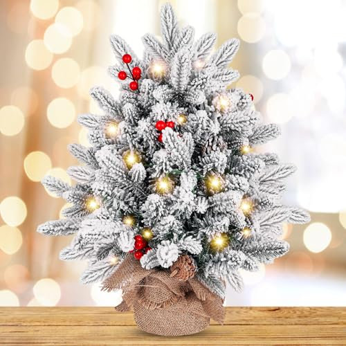 Albero di Natale,Albero di Natale Artificiale con Luci a LED, Mini Albero di Natale da Tavolo da 50 cm, Floccaggio Misto a Punta in PVC, Decorazioni Natalizie per Interni ed Esterni