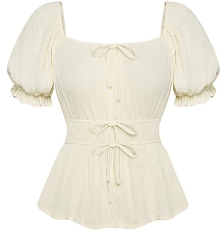 SCARLET DARKNESS Blusa renacentista para mujer, cuello cuadrado, manga corta, cintura elástica, peplum, albaricoque, L