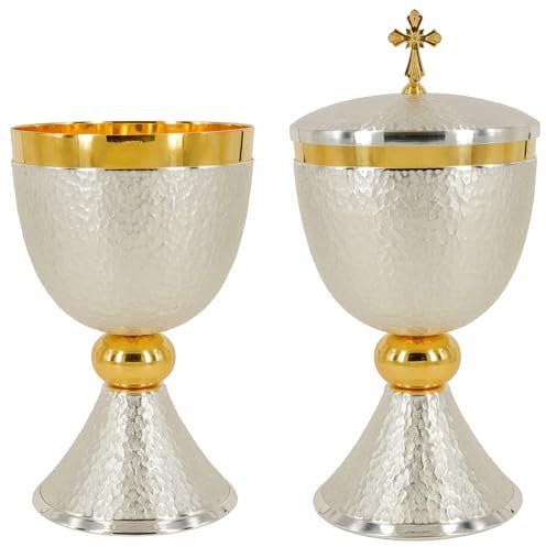 Holyart Kelch, Ziborium, Patene, Hostienschale aus vergoldetem und versilbertem Messing, Hammerschlag-Optik, glänzender Nodus, Kelch