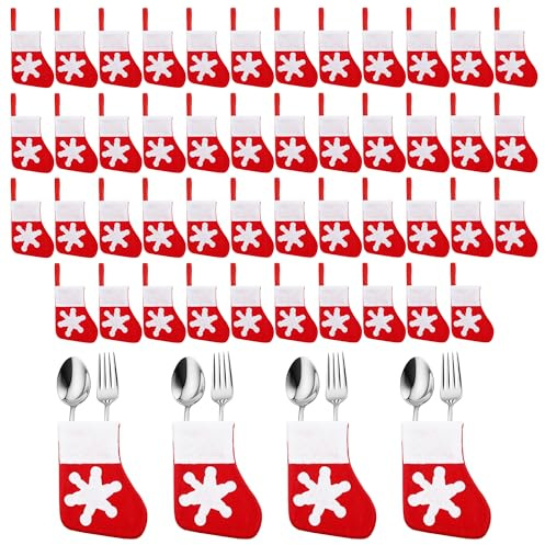 Personalize Pro Mini Santa Stocking Utensil Holder – Christmas Tableware Holder & Reusable Cutlery Bag, Holiday Table Silverware Organiser with Fork Spoon Pocket – Xmas Dining Decor (50 PCs)