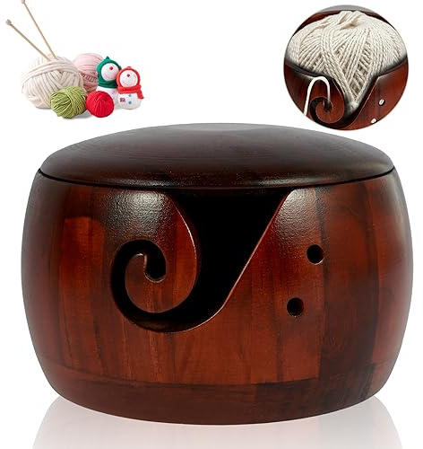 Fyeme Garnschale für Wolle 15×15×8cm Garnschale Holz mit Löchern Tragbarer Wiederverwendbar Verhindern Verwicklungen Yarn Bowl für Strick Häkelprojekte Häkelbegeisterte (Dunkel+Abdeckung)