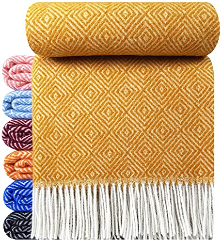 STTS International Wolldecke 100% Schurwolle Wohndecke 140 x 200 cm Tagesdecke Schurwolldecke Woll-Plaid Tirol M/V in vielen Farben erhältlich (Senf (V))