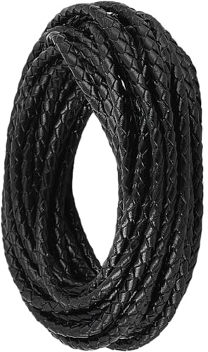 CALFOVERA Cordón de Cuero Genuino para Atar Bolos de 4.57 m para Hacer Joyas, Cordón Trenzado Redondo Negro de 3mm, Cordón de Cuero Auténtico, Doblado para Crear Collares, Pulseras, Trenzados