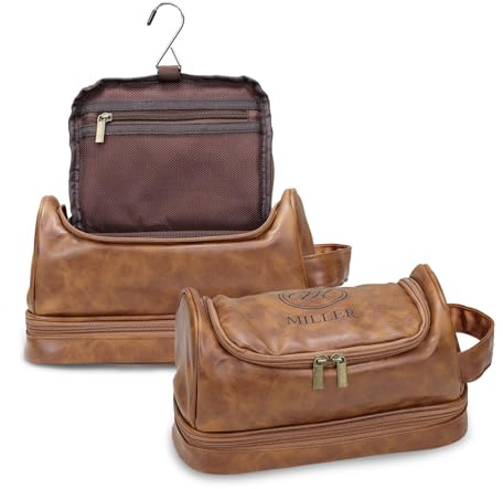 Trousse de Toilette Personnalisée, Trousse de Toilette de Voyage, Grande Trousse de Toilette Suspendue avec Poignées, Cuir Imperméable, Cadeau Fête des Pères