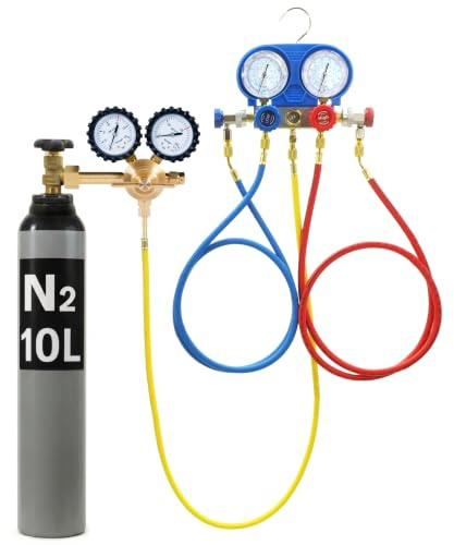 Druckverlustprüfer KFZ - Kühlsystem Abdrückgerät mit Manometer Druckluft Set - Schutzgasflasche 8L/10L Stickstoff für Klimaanlage R134A R410A R22 - Manometer 1/4 Zoll (2.N2-10L | GCE-TYP)