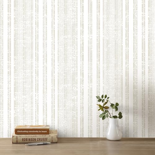 Modern Peel and Stick Wallpaper 17.3x120 Boho Contact Paper Beige Striped Wall Paper Self-Adhesive Vinly Waterproof for Bedroom Bathroom Wall Covering Cabinets Decor