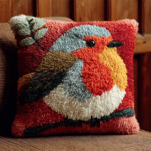 RKFLGEW Animal Latch Hook Kit Cushion for Adults,Robin 17X17Inch,DIY Pre-Printed Craft Latch Hook Rug Kits Cross-Stitch Embroidery Pillow Cover Kit for Christmas/Gifts Home Sofa Decoration