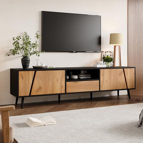 BTM 180 cm Lowboard Lowboard Board, TV-Schrank mit Schubladen und 2 Schränken, Moderne minimalistische Konsole mit 6 Stützbeinen aus Massivholz, Passend für 75-Zoll-Wohnzimmerschränke