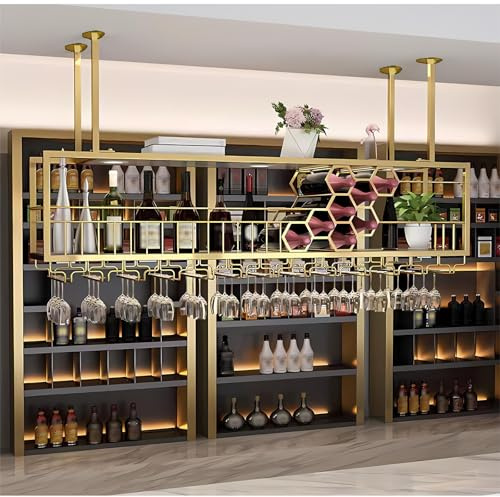 Vinställ för tak, hängande vinglasställ i metall, takvinhylla med glashållare, Flytande hyllor, förvaring av barspritflaskor, vinflaskhållare för bar, restaurang, café, kök(Guld, 100cm)