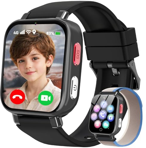 Montre Connectée Enfants GPS, 4G Smartwatch Téléphone pour Filles et Garçons avec Appel, Vidéo, SOS, Chat, Mode Classe Podomètre, Jeux, Réveil, Montre Intelligente Enfant 4 à 12 Cadeau (dark black)