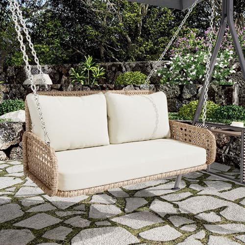 Httcg Hängeschaukel Outdoor Gartenschaukel für 2 Personen, Schaukel Outdoor Hollywoodschaukel mit Kissen und 2 Ketten, PE-Rattan Schaukelbank Hängebank für Balkon, Gartenmöbel, Ohne Rahmen, Beige