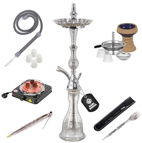 Dark Shisha Cachimba Tradicional Luna Plata 68 cm + Hornillo Eléctrico para Carbón 1000W| Set Completo con Manguera Tradicional, Cazoleta de Piedra, Chimenea (Gestor de Calor), Pinza y Juntas