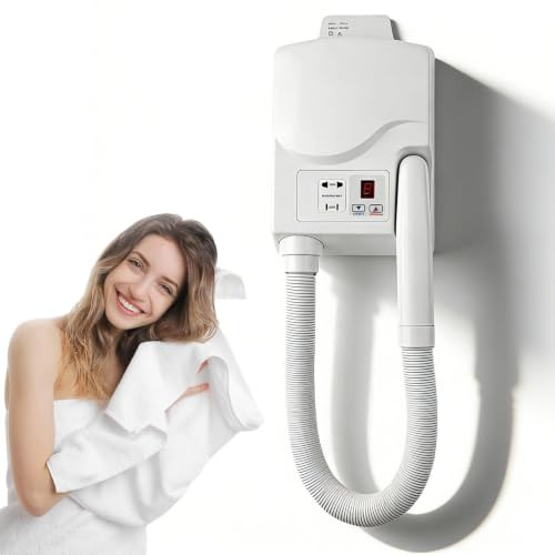 Secador de Pared Corporal y Capilar Iónico 800W, 5 Niveles de Calor con Pantalla Digital, Enchufe para Afeitadora, Montaje en Baño, IPX4, para Hotel y Hogar