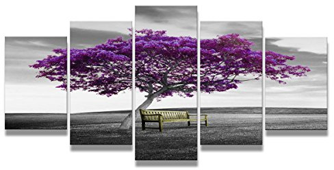 Visario Leinwandbild Lila Baum Bank Schwarzweiss 200 x 100 cm 5-teilig Direktdruck auf Leinwand mit Holzrahmen Wandbild Kunstdruck XXL Wanddeko für Wohnzimmer Schlafzimmer Artikelnr. 6339