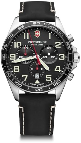 Victorinox Fieldforce Chrono Ø 42 mm Reloj de Pulsera de Hombre, Swiss Made, Cuarzo analógico, Sumergible hasta 100 m, Cristal de Zafiro, Pulsera de Piel, Blanco/Negro