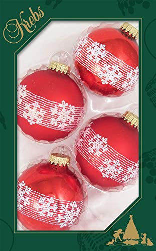 Glass Christmas Tree Ornaments - 67mm/2.63 [4 Pieces] Decorated Balls from Christmas by Krebs Seamless Hanging Holiday Decor (Brilliant Red Shine with Blowing Snowflakes)