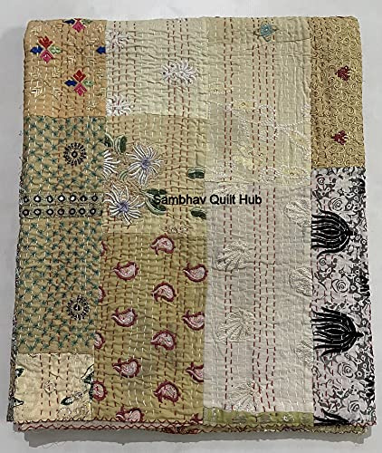 Mehrfarbige Patchwork-Steppdecke, Vintage, indisch, wendbar, gesteppt, superweich und warm, Wohnzimmer-Dekoration für Sofa und Couch, 152,4 x 170,2 cm, Beige