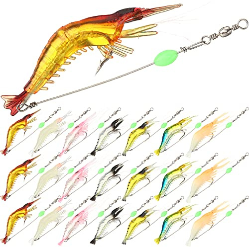28 Pcs Saltwater Fishing Lures Set, 7 Colors Glow Artificial Shrimp Bait Shrimp Lure with Hook Bead Fishing Tackles for Trout Bass Flounder Redfish Freshwater Saltwater Catfish Salmon