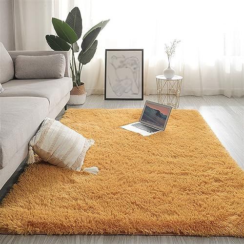 BESTORI Hochflor Teppich Wohnzimmer rutschfest Fellteppich Shaggy Flauschig Weich Einfarbig Teppich für Kinderzimmer Schlafzimmer Arbeitszimmer Gelb, 80 x 200 cm