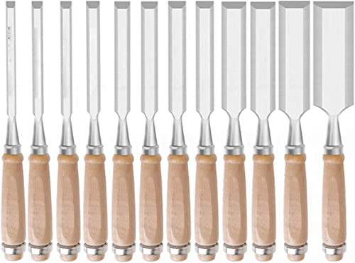 Set di scalpelli per Legno Strumenti Professionali Set di Strumenti per scalpelli con Manico in Legno per Intaglio del Legno, Larghezza della Testa di Taglio - 6 mm - 38 mm, Set da
