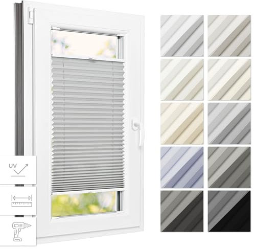 Estika Thermo Plissee mit Bohren 90 cm x 200 cm - Hellgrau - Rollos für Fenster mit Bohren, Jalousien Fenster für innen, Raffrollo, Fenster plissee