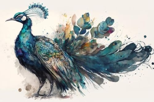 Acryl-Bild 60 x 40 cm: Pfau, Seitenansicht eines schönen Vogels mit Schwanz. Tierische Aquarellillustration, generative KI. (198853523)