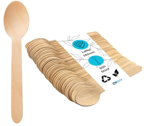 Enpack Holzlöffel 500 Stück - Einwegbesteck Löffel 160mm - 100% umweltfreundliches Holzbesteck Einweg - Nachhaltige Einweg Löffel - Suppenlöffel Eislöffel Esslöffel Einmalbesteck - wooden spoon