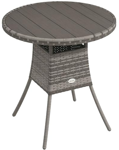 Outsunny 70 cm Outdoor Dining Table, PE Rattan Patio Table with Wood-plastic Composite Top for Balcony, Garden, Grey